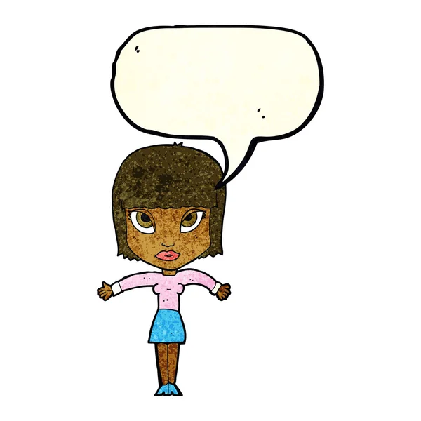 Cartoon vrouw schouderophalend met tekstballon — Stockvector