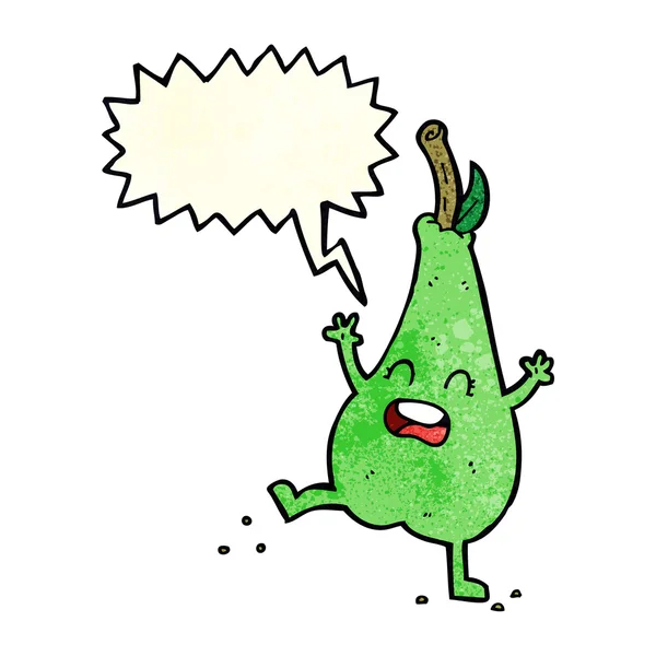 Cartoon happy dancing pear with speech bubble — Stock Vector