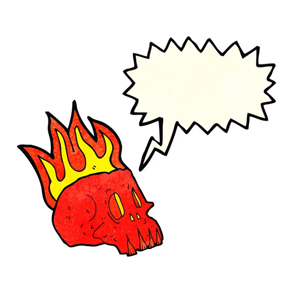 Cartone animato teschio fiammeggiante con bolla discorso — Vettoriale Stock