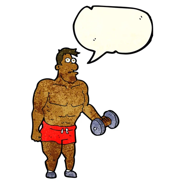 Cartoon man lifting weights with speech bubble — Stock Vector