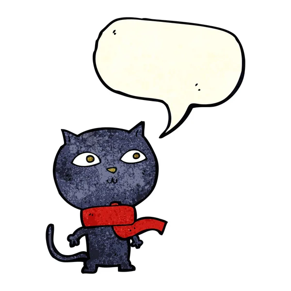 吹き出しとスカーフを身に着けている黒い漫画猫 — ストックベクタ