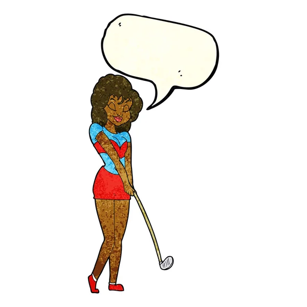 Konuşma balonu ile Golf oynuyor çizgi film kadın — Stok Vektör