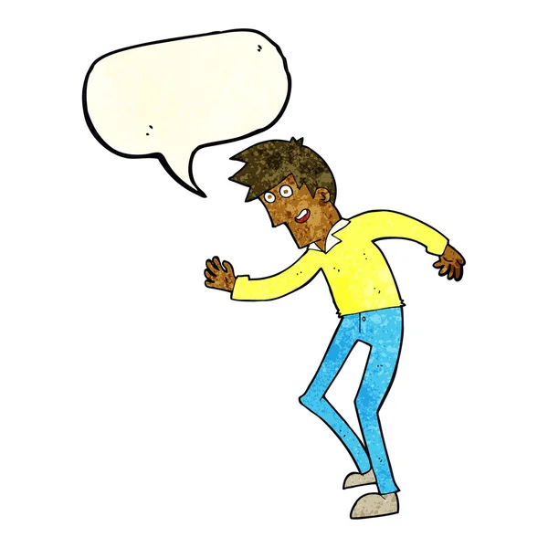 Cartoon happy man dancing with speech bubble — Stock Vector