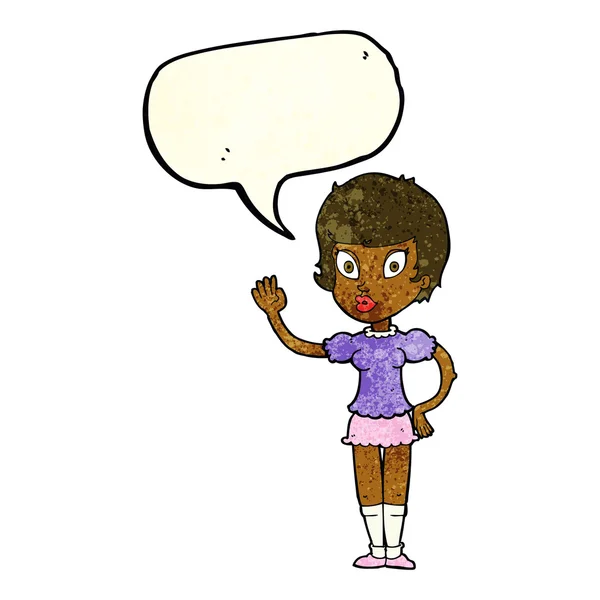 Kartun gadis cantik melambaikan tangan dengan gelembung bicara - Stok Vektor