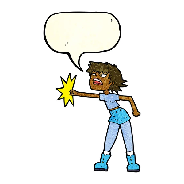 Cartoon woman punching with speech bubble — Stock Vector