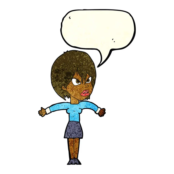 Cartoon geïrriteerd meisje met spraak zeepbel — Stockvector