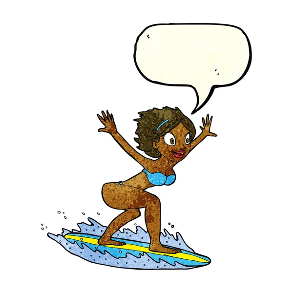 Fille surfeur de bande dessinée avec bulle de parole — Image vectorielle