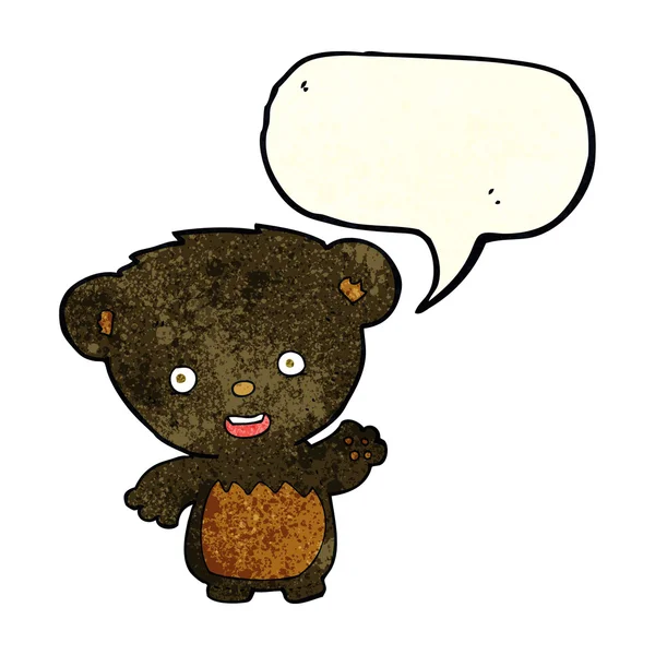 Karikatur schwarzer Bärenjunge winkt mit Sprechblase — Stockvektor