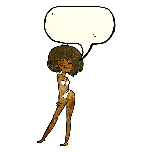 Cartoon vrouw in bikini met tekstballon — Stockvector