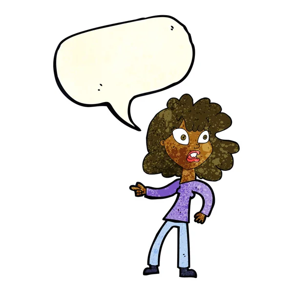 Cartoon bezorgd woman wijzend met tekstballon — Stockvector
