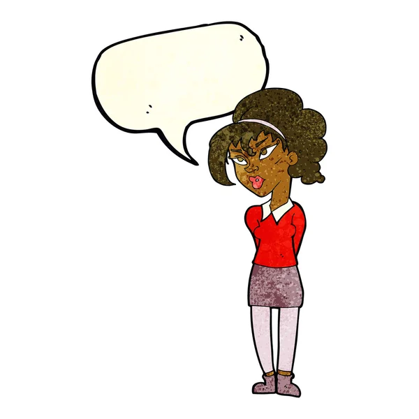 Desenho animado menina bonita inclinando cabeça com bolha de fala — Vetor de Stock