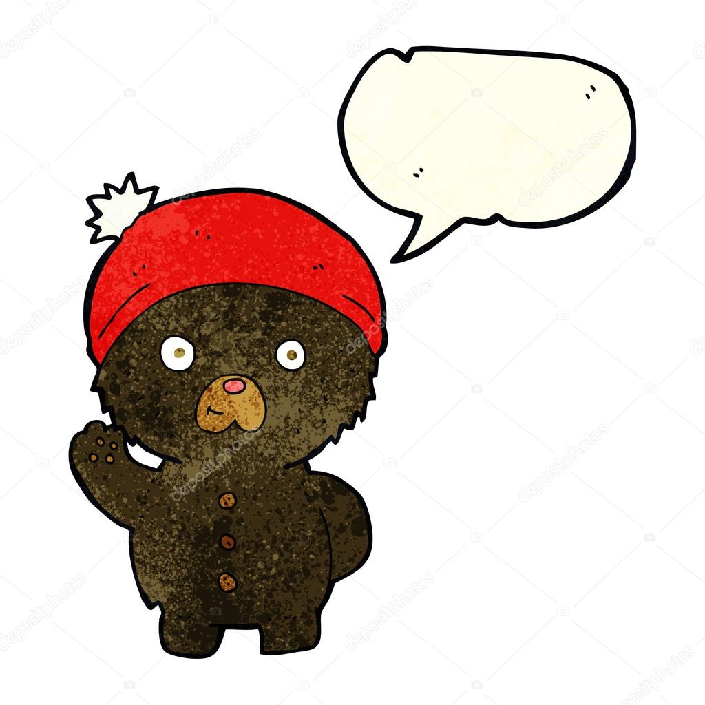 cartoon waving black teddy bear in winter hat with speech bubble
