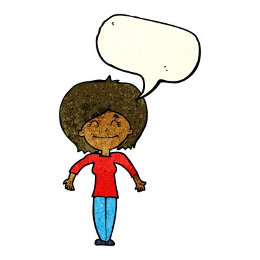 Çizgi filmdeki kadın konuşma balonuyla omuz silkiyor.