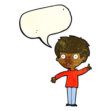 Konuşma baloncuğu fikri olan çizgi film çocuğu.