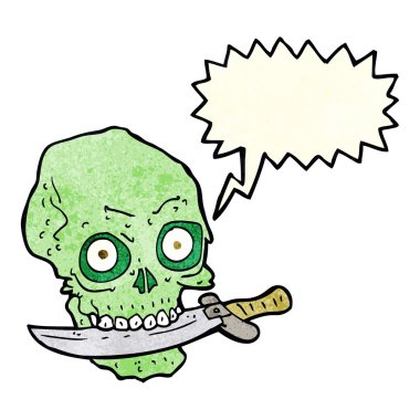 Konuşma baloncuklu dişlerinde bıçak olan korsan kafatası.