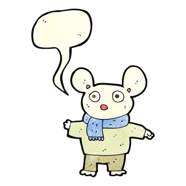 Konuşma baloncuklu kıyafet giymiş çizgi film faresi