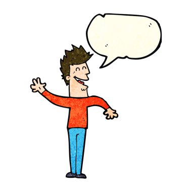 karikatür mutlu bir adam ile konuşma balonu sallayarak