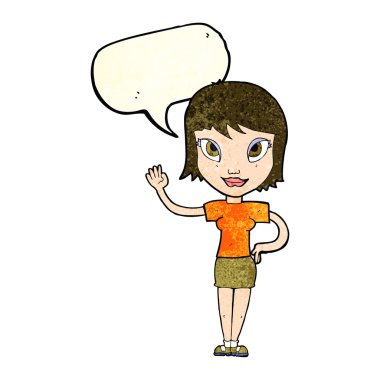 Çizgi film kadını konuşma balonuyla el sallıyor.