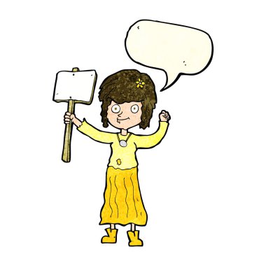 Çizgi filmdeki hippi kız protesto yazısı ve konuşma balonu.