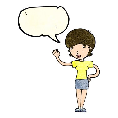 Çizgi film kadını konuşma balonuyla el sallıyor.