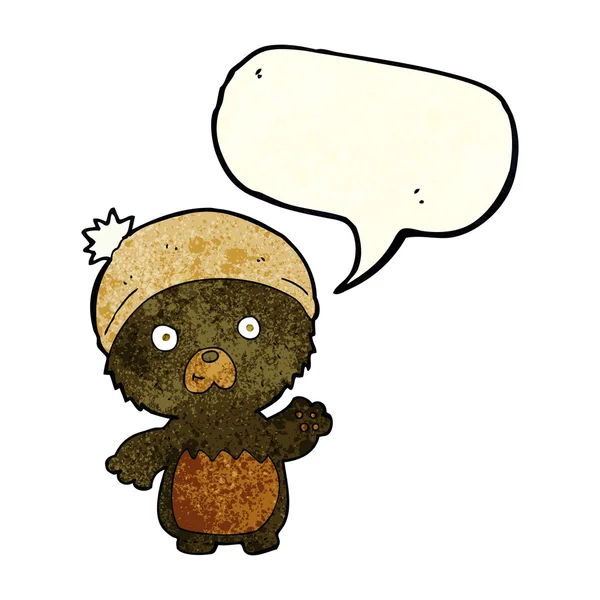 Dibujos animados lindo osito de peluche en sombrero con burbuja de habla — Vector de stock
