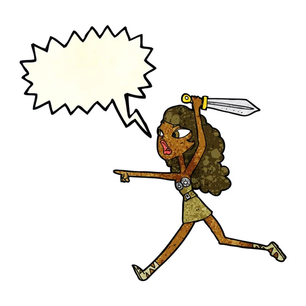 Chica de dibujos animados con espada con burbuja de habla — Archivo Imágenes Vectoriales