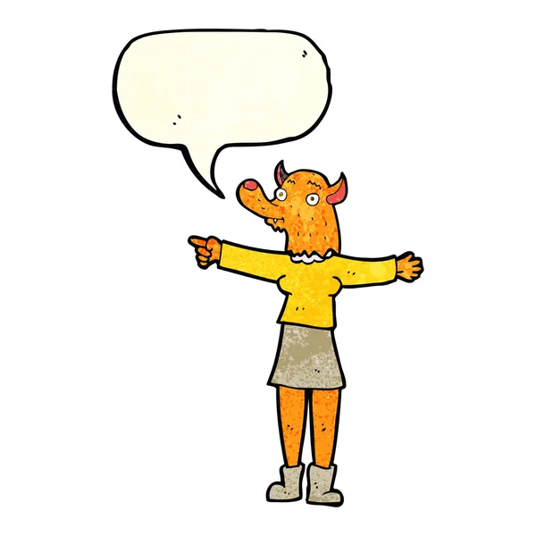 Çizgi film işaret fox kadınla konuşma balonu — Stok Vektör