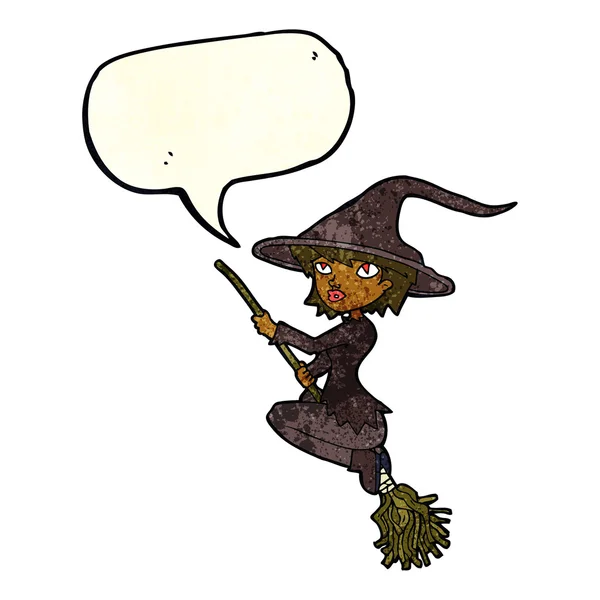 Cartoon witch riding broomstick with speech bubble — Stock Vector