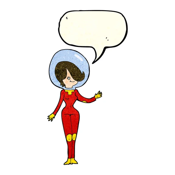 Cartoon space woman with speech bubble — Stock Vector