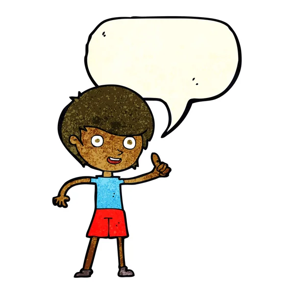 Dessin animé garçon donnant pouces jusqu'à symbole avec bulle de parole — Image vectorielle