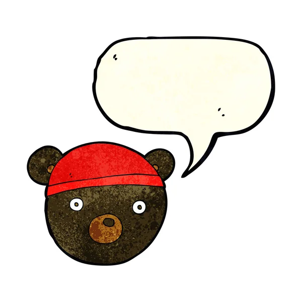 Dibujos animados negro oso cachorro usando sombrero con burbuja de habla — Archivo Imágenes Vectoriales