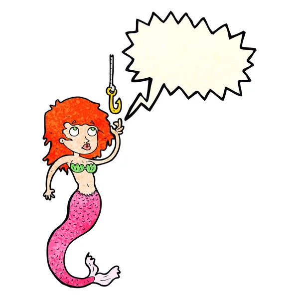 Karikatura mořská panna a háček na ryby s bublinou řeči — Stockový vektor
