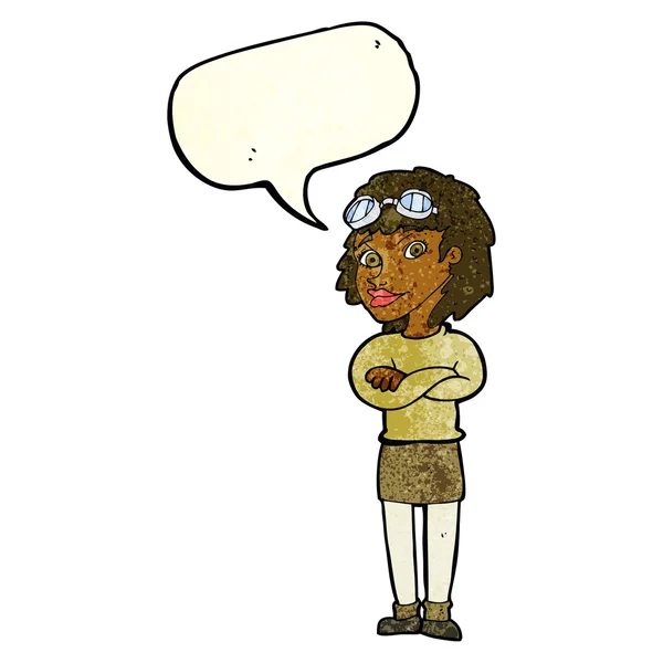 Mujer de dibujos animados con brazos cruzados y gafas de seguridad con el habla b — Archivo Imágenes Vectoriales