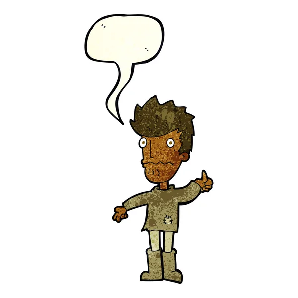 Мультфильм обеспокоенный человек дает большие пальцы вверх символ с мыльным пузырем речи — стоковый вектор