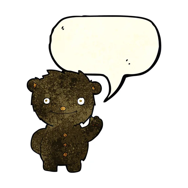 Cartoon waving black bear with speech bubble — Stock Vector