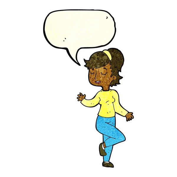Cartoon mulher dançante com bolha de fala — Vetor de Stock