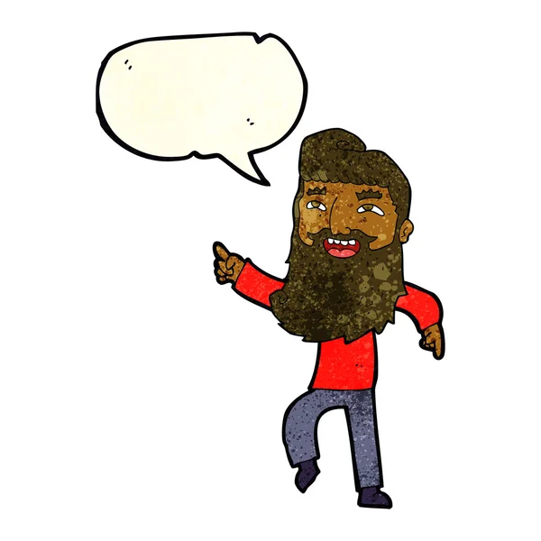 Hombre de dibujos animados con barba riendo y señalando con la burbuja del habla — Vector de stock