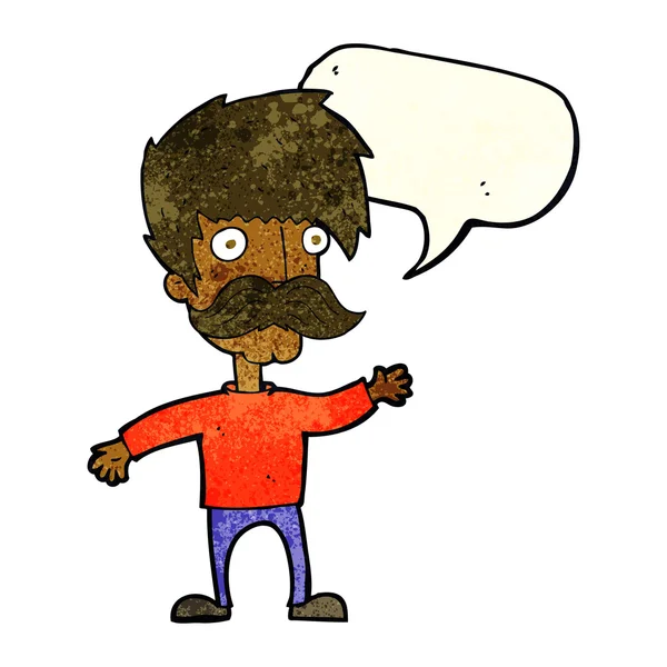 Καρτούν άνθρωπος με μουστάκι κυματίζει με φούσκα ομιλία — Διανυσματικό Αρχείο