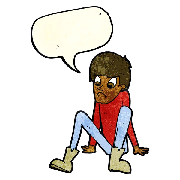 Καρτούν αγόρι κάθεται στο πάτωμα με φούσκα ομιλία — Διανυσματικό Αρχείο