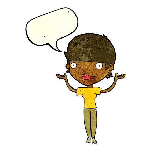 Cartoon mulher segurando braços no ar com bolha de fala — Vetor de Stock