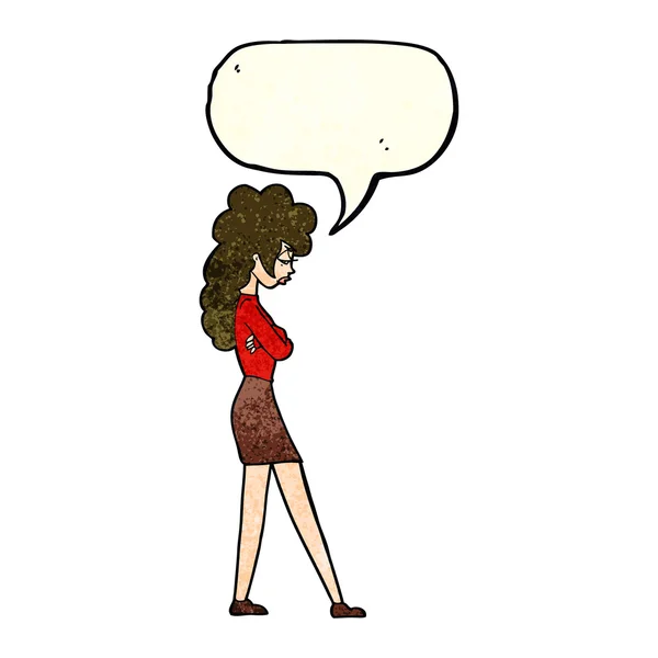 Cartoon annoyed woman with speech bubble — Stock Vector