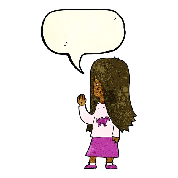 Chica de dibujos animados con camisa de pony ondeando con burbuja del habla — Vector de stock
