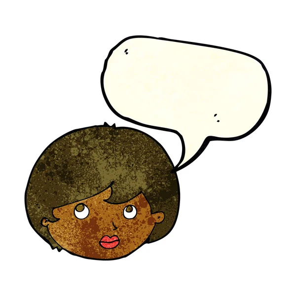 Cartone animato volto femminile guardando verso l'alto con la bolla discorso — Vettoriale Stock