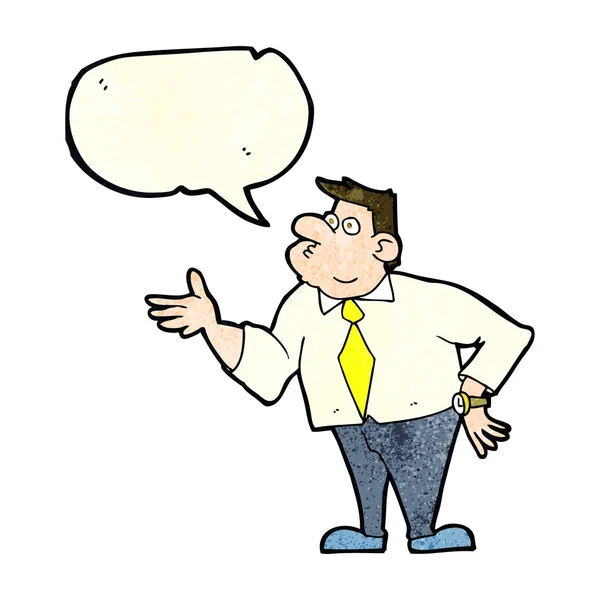 Cartoon businessman asking question with speech bubble — Stock Vector