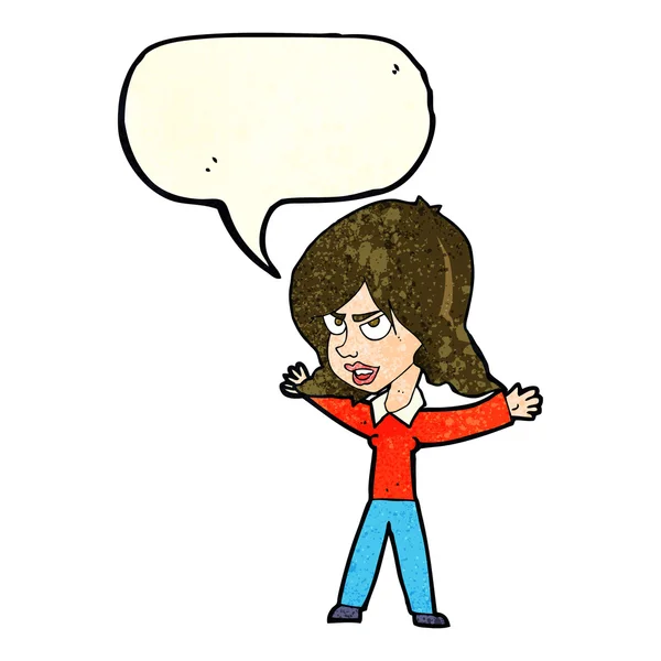 Cartoon mulher gesticulando com bolha de fala — Vetor de Stock