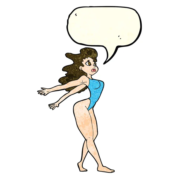 Cartoon sexy woman in swimsuit with speech bubble — Stock Vector