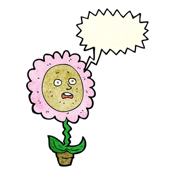 Flor de dibujos animados con la cara con la burbuja del habla — Vector de stock