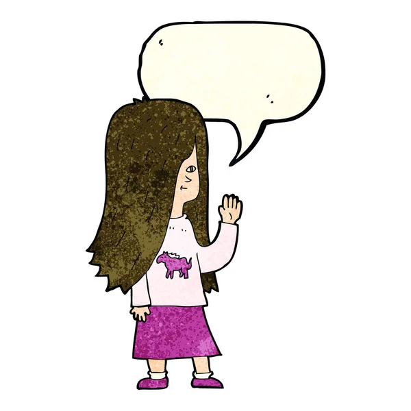 Cartoon girl with pony shirt waving with speech bubble — Stock Vector