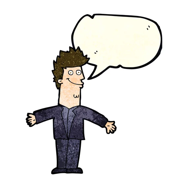 Ευτυχισμένος άνθρωπος κινουμένων σχεδίων με ανοιχτές αγκάλες με το συννεφάκι λόγου — Διανυσματικό Αρχείο