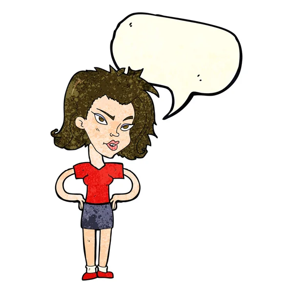 Mujer de dibujos animados con las manos en las caderas con burbuja del habla — Vector de stock